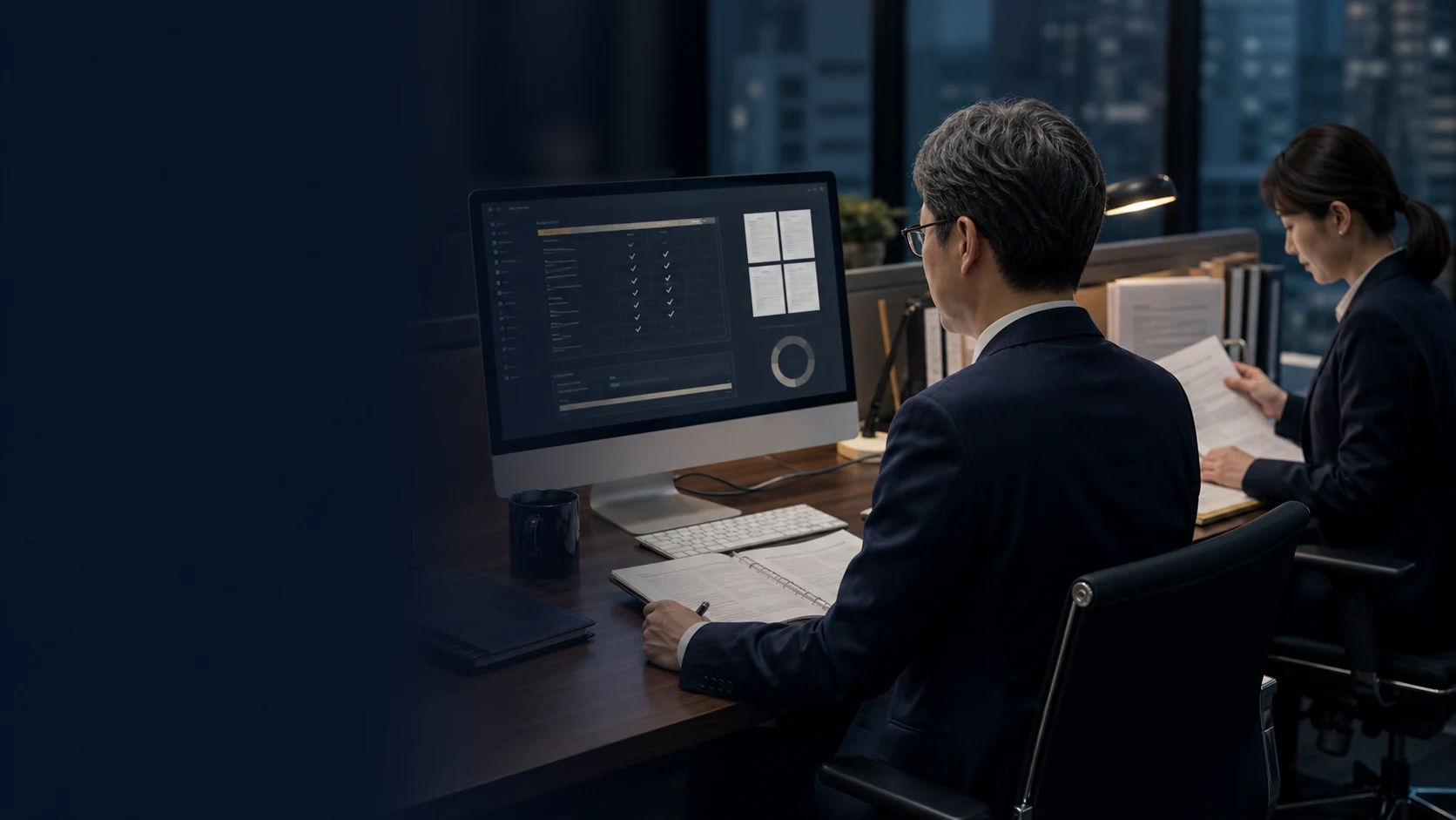 Professional reviewing evidence and accounting treatment in one workspace